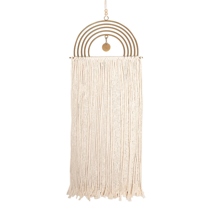 Boho macrame wall hanging with semicircle metal frame and long fringes
