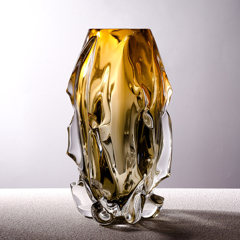 Sculptural Hand-Blown Organic Textured Art Glass Vase with Melted-Edge Pedestal