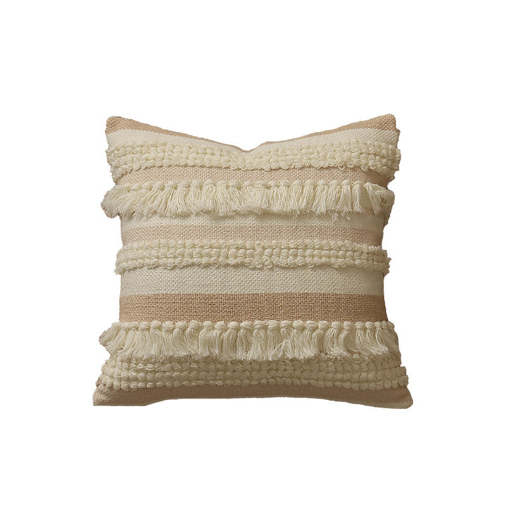 Decorative woven cushion cover with fringes and textured striped design