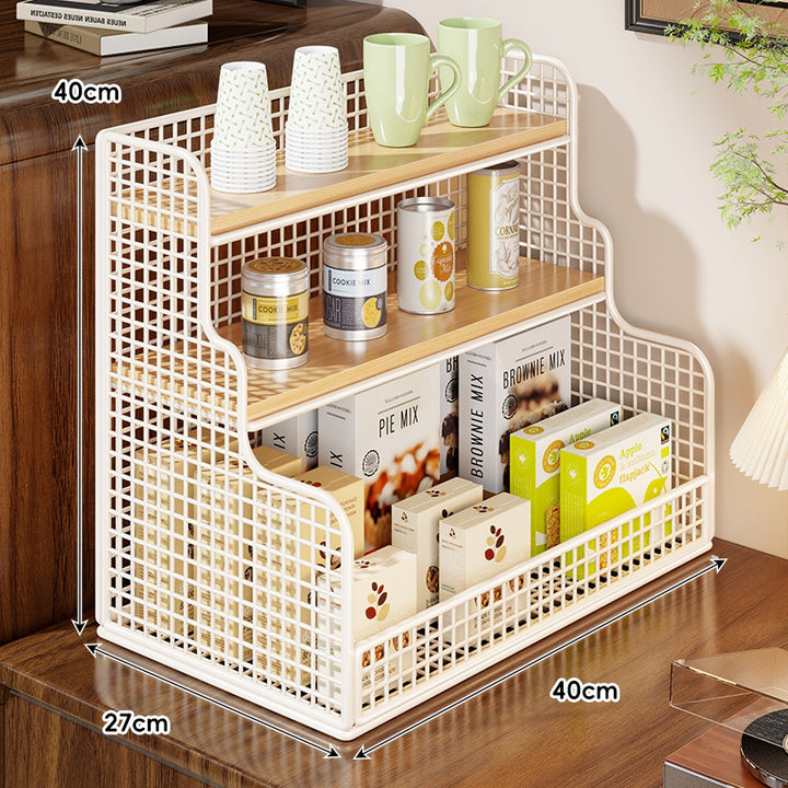 Multi-Tier Mesh Metal and Bamboo Countertop Pantry Organizer Shelf