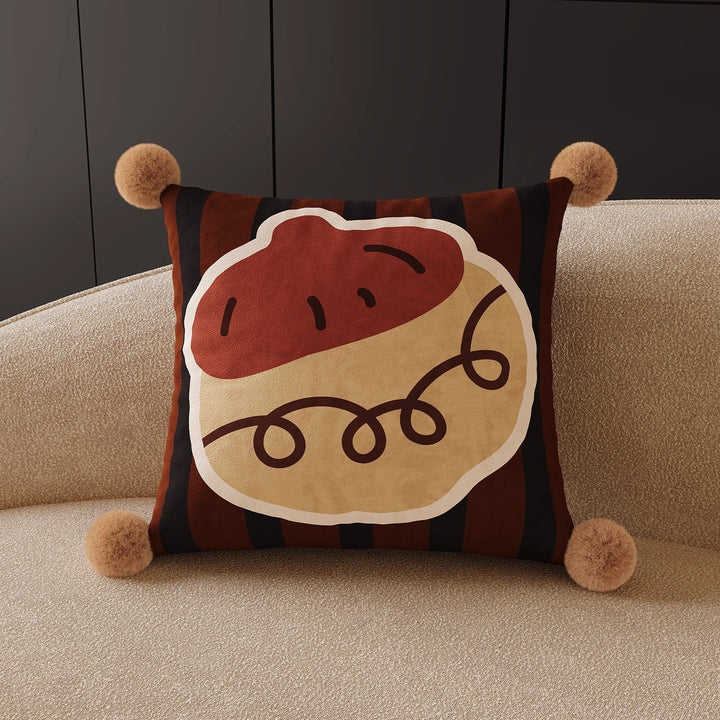 Decorative Square Throw Pillow Cover with Pom-Pom Corners and Cartoon Dog Illustration