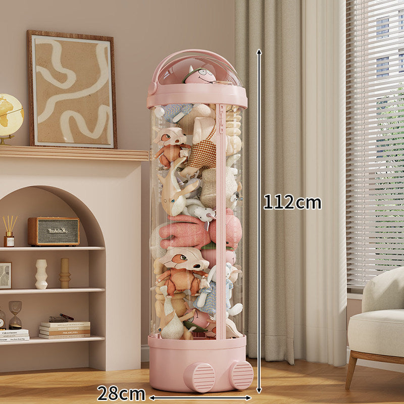 Tall Cylindrical Toy and Plush Storage Organizer with Clear Zip Cover and Rolling Vent Base