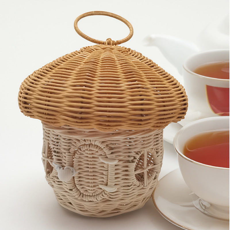 Playful storage basket with mushroom hat design