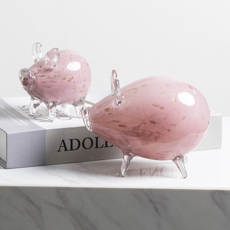 Hand-Blown Decorative Glass Pig Figurine with Clear Pedestal Legs