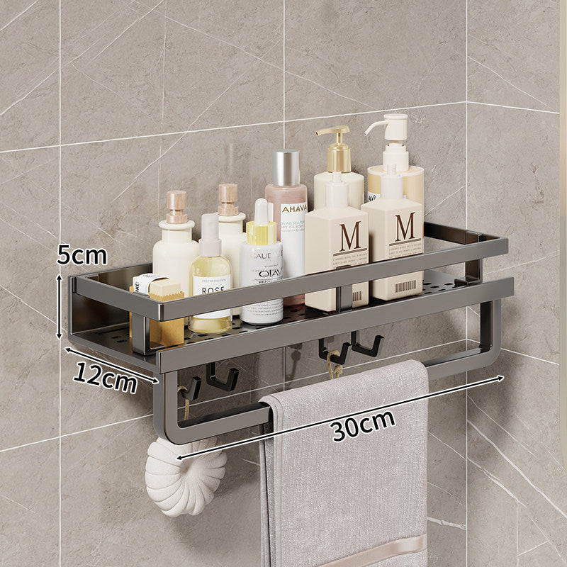 Compact Wall-Mounted Bathroom Shelf with Integrated Towel Rail and Multi-Hook Metal Organizer