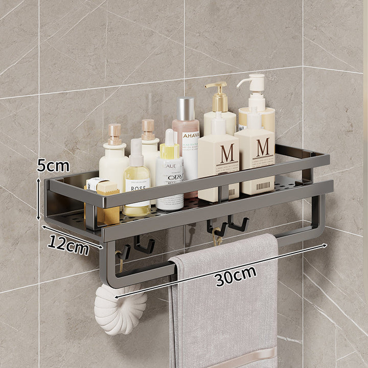 Compact Wall-Mounted Bathroom Shelf with Integrated Towel Rail and Multi-Hook Metal Organizer