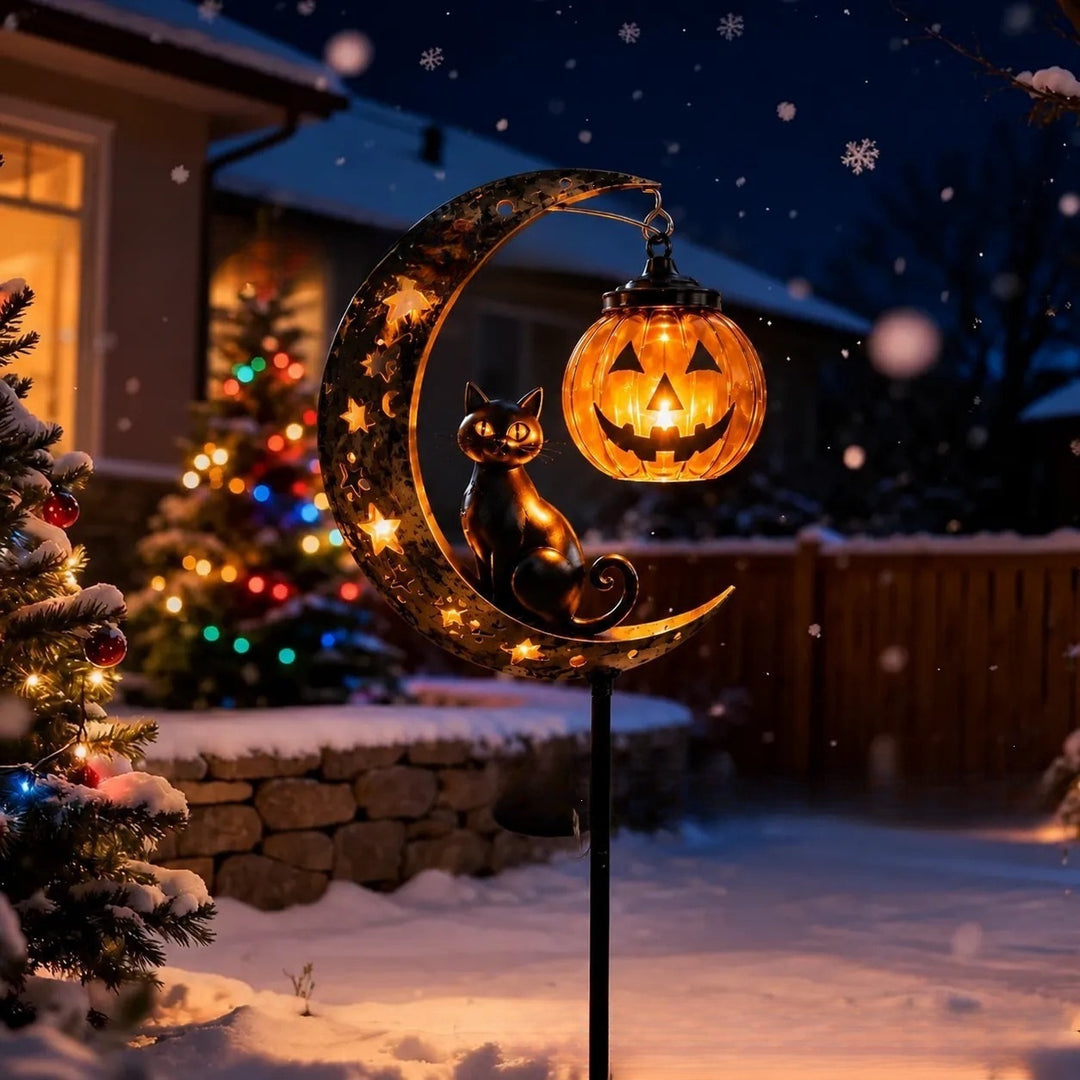 Solar-powered Half-moon Garden Stake Lantern with Cat Silhouette