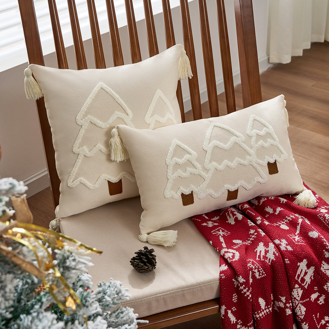 Embroidered Winter Tree Tassel Lumbar Throw Pillow