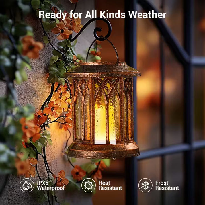 Solar-powered hanging LED lantern set with flickering flameless candle and metal clip hook