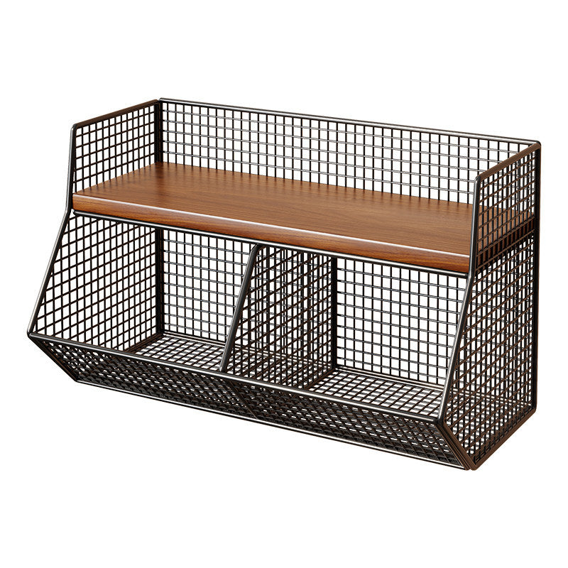 Two-Level Angled Wire Mesh Countertop Organizer with Wood-Effect Top Shelf and Front Drop Bins