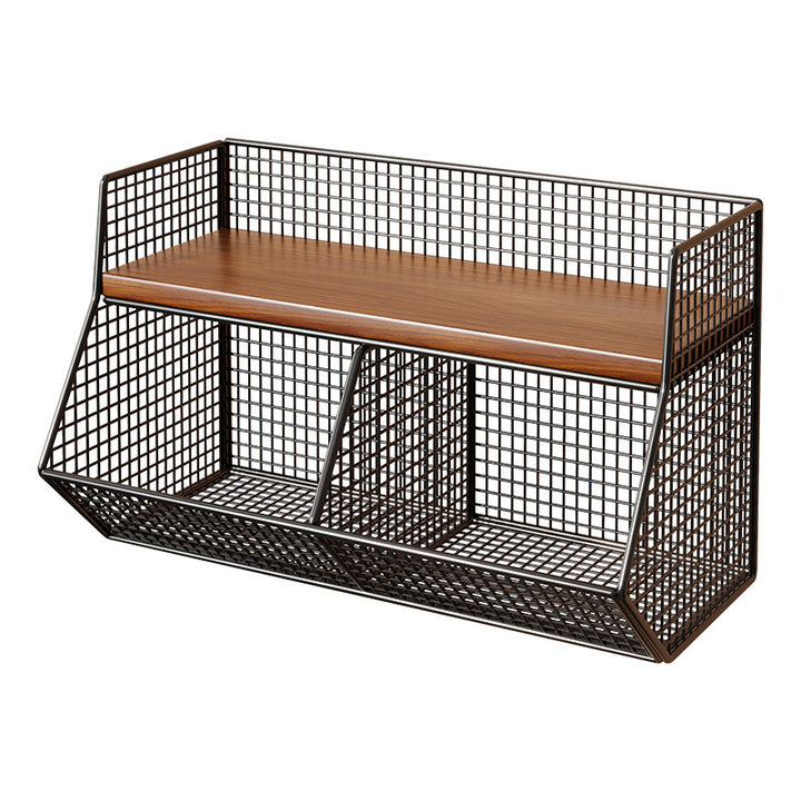 Two-Level Angled Wire Mesh Countertop Organizer with Wood-Effect Top Shelf and Front Drop Bins