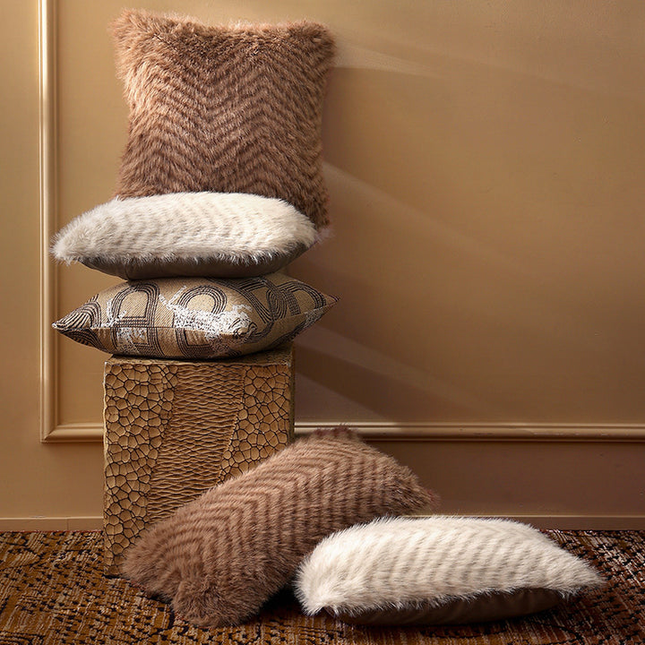 Luxurious rectangular faux fur lumbar cushion with dense long pile cover
