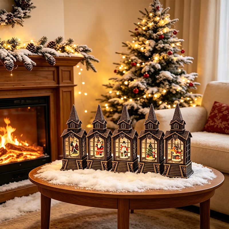 Nostalgic Christmas lantern with illuminated snowman scene
