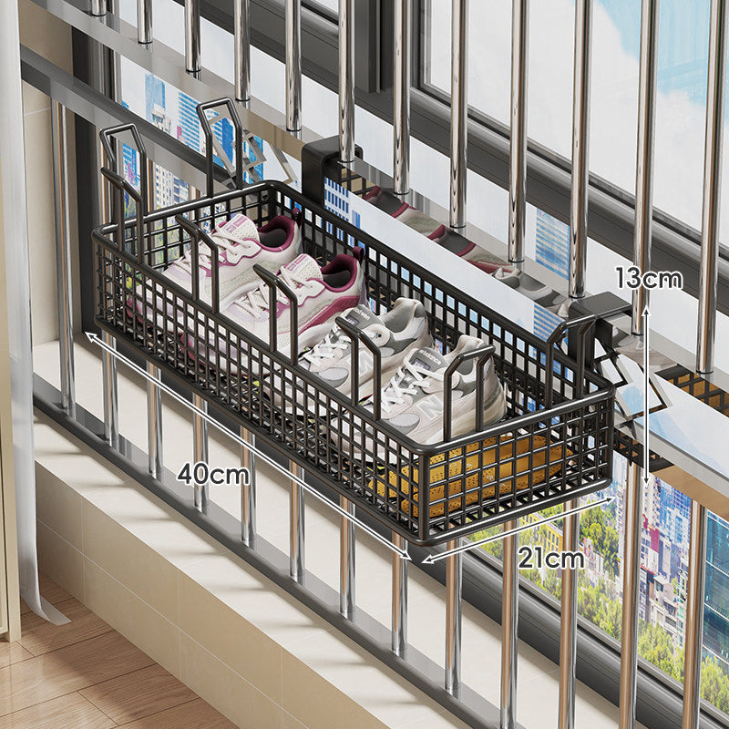 Hanging Balcony Two-Tier Shoe and Insole Organizer Rack with Mesh Baskets and Adjustable Hooks