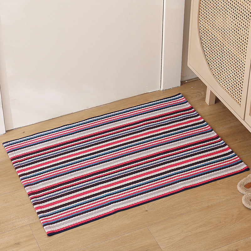 Striped cotton doormat with non-slip bottom and decorative woven edge