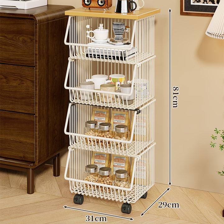 Four-Tier Industrial Wire Basket Cart with Wood Top and Swivel Locking Casters