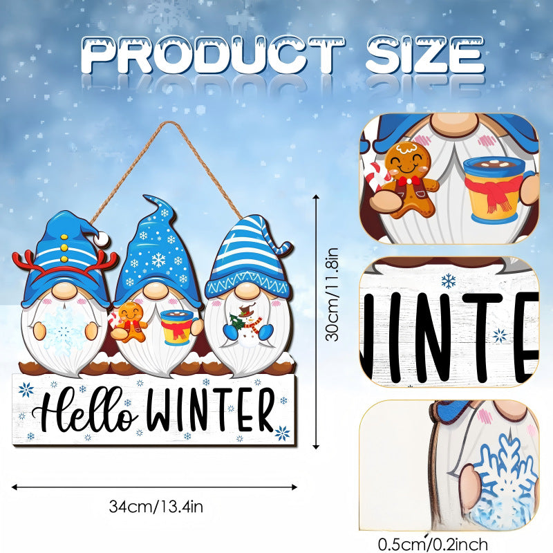 Decorative wooden sign with winter motifs