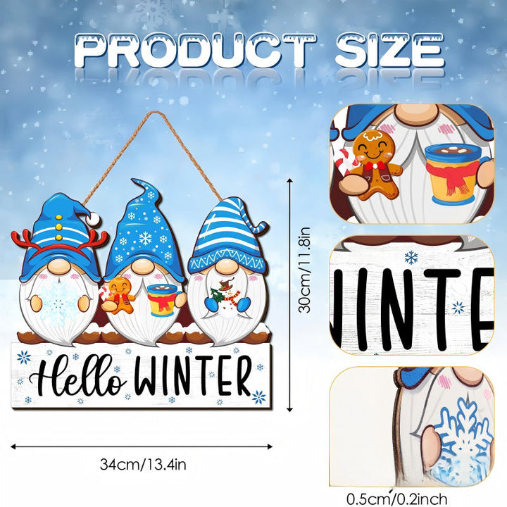 Decorative wooden sign with winter motifs