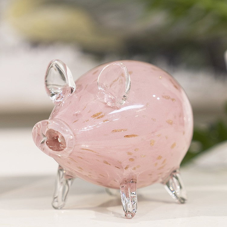 Hand-Blown Decorative Glass Pig Figurine with Clear Pedestal Legs