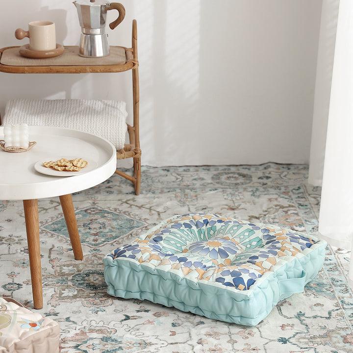 Round seat cushion with mandala print, thickly padded floor seating mat and carrying handle