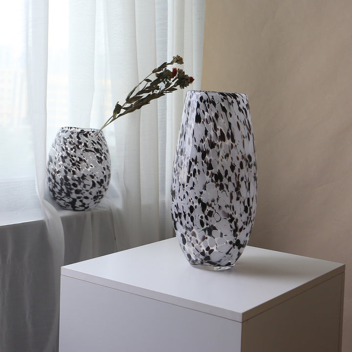 Handblown Speckled Art Glass Vase Set with Tapered and Bulbous Shapes