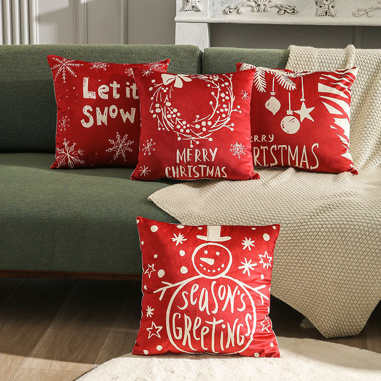Festive Velvet Square Throw Pillow Cover with Snowman Seasonal Script