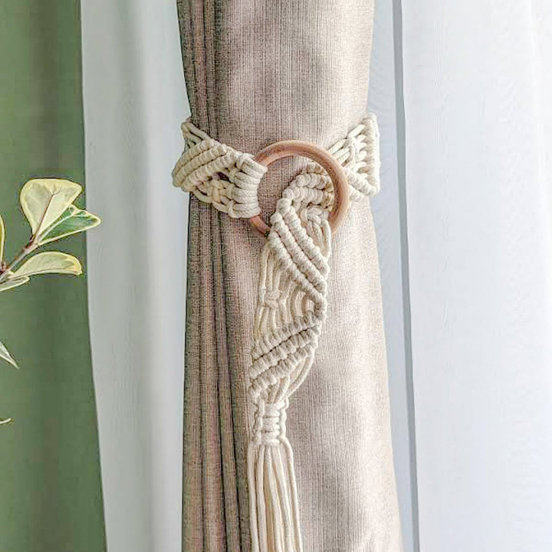 Macrame Curtain Tieback with Wooden Ring