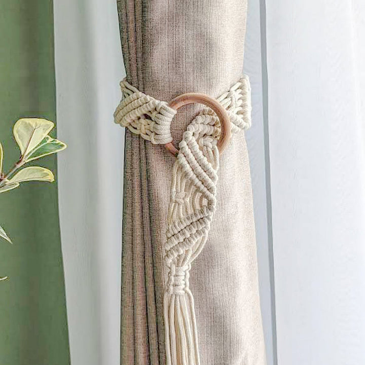 Macrame Curtain Tieback with Wooden Ring