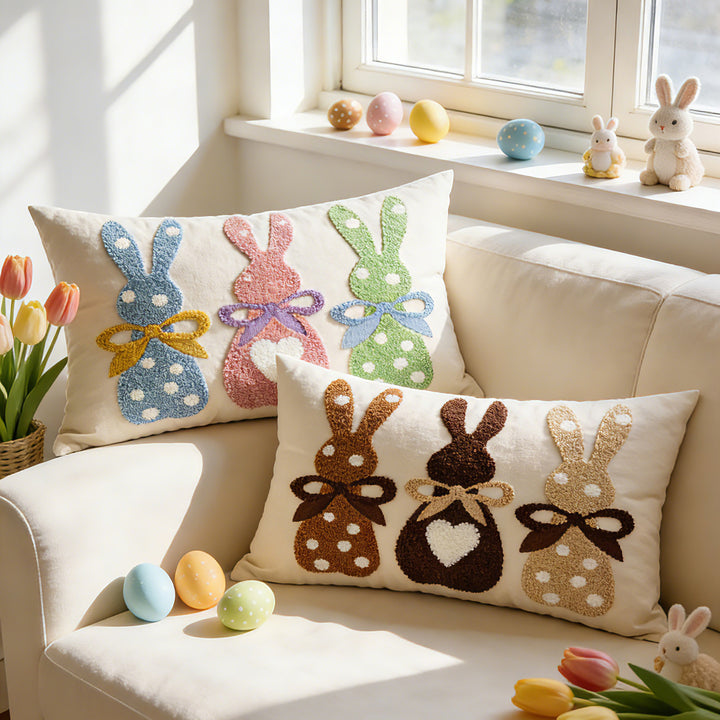 Tufted Appliqué Bunny Trio Lumbar Pillow Cover Cotton-Linen Blend with Hidden Zipper