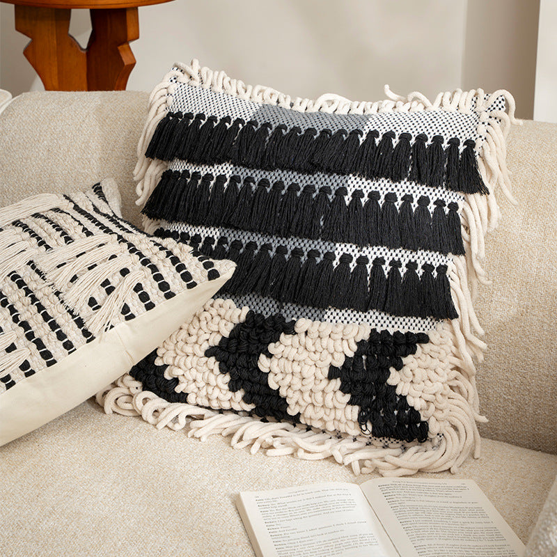 Decorative Boho cushion with cotton tufting, fringes and tassels