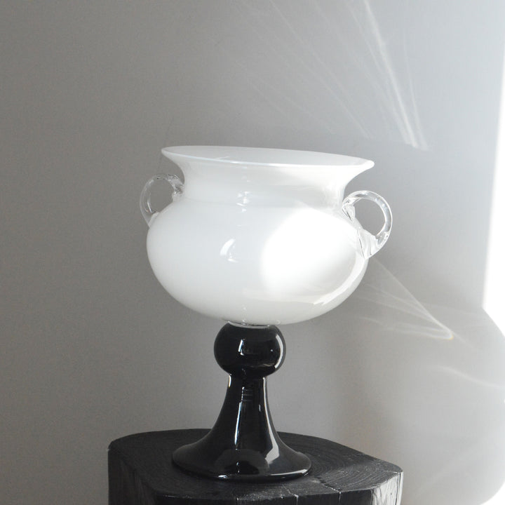 Hand-Blown Pedestal Urn-Style Decorative Glass Vase with Dual Loop Handles