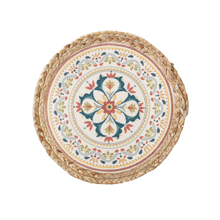 Round woven table mat made of jute with mandala cotton overlay