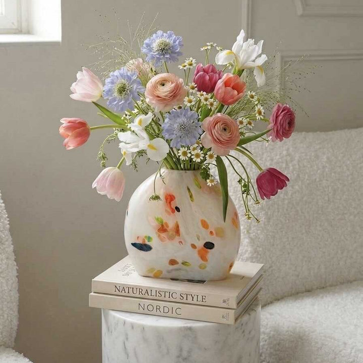 Sculptural Flat-Oval Hand-Blown Art Glass Tabletop Vase
