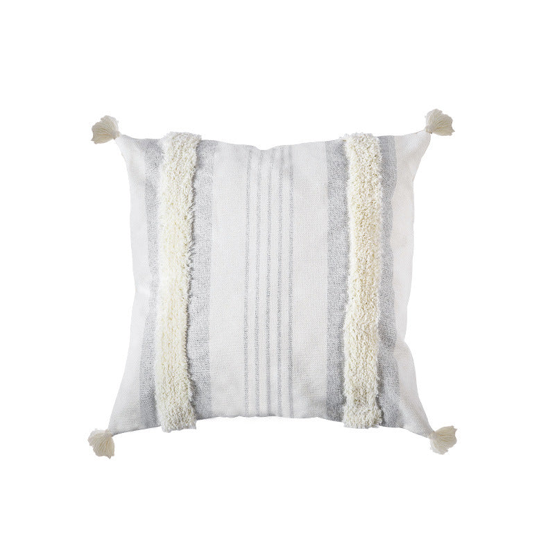 Square decorative cushion cover with boucle trims, tassels, and concealed zipper