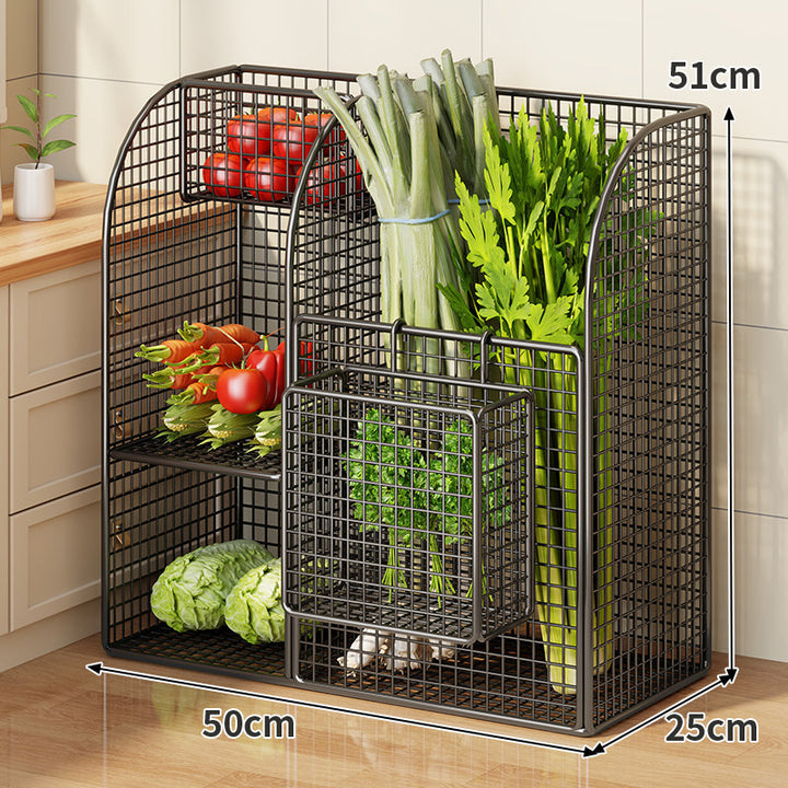 Rolling Metal Mesh Produce Storage Cart with Tall Vertical Compartment and Removable Shelves