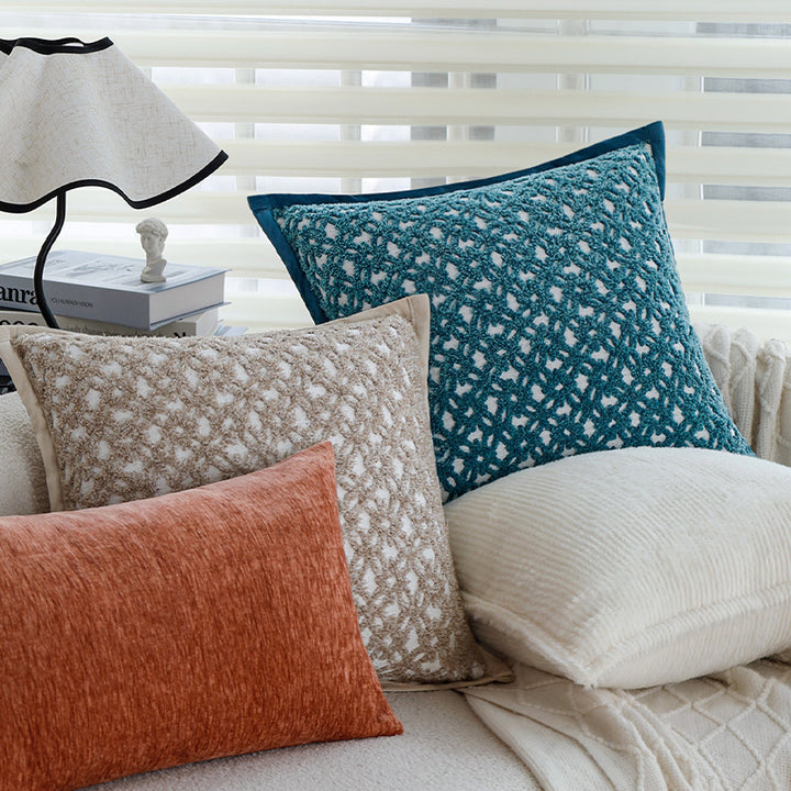 Square sofa cushion cover made of textured plush with fine piping