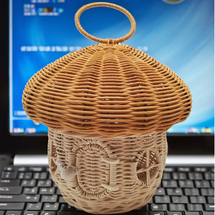 Playful storage basket with mushroom hat design