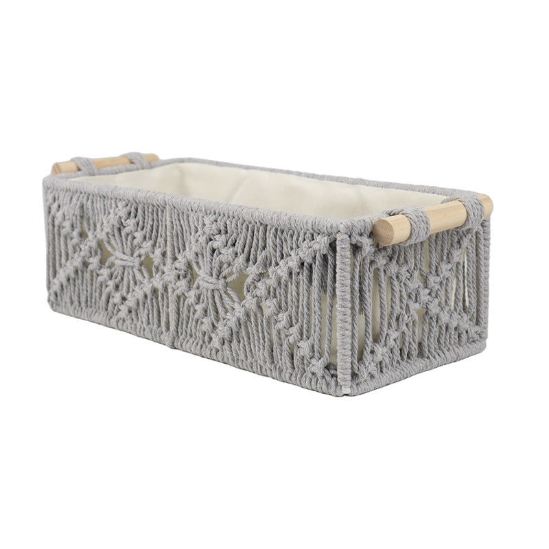 Storage basket with macrame pattern
