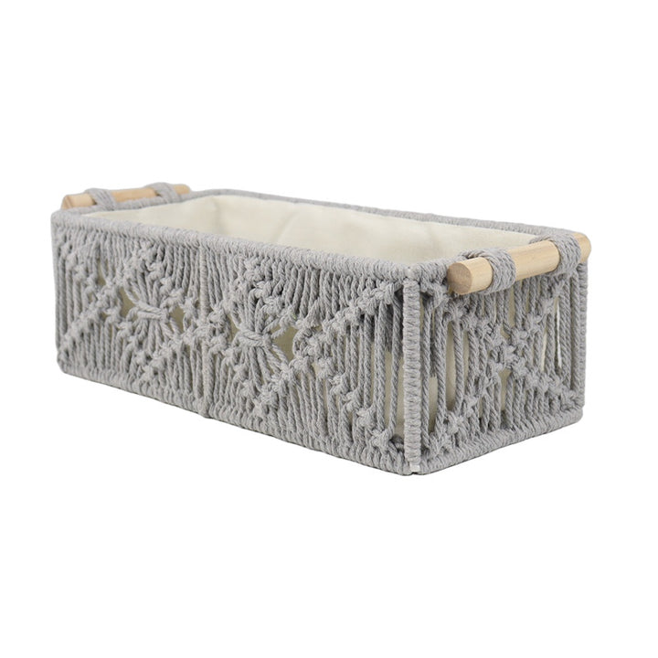 Storage basket with macrame pattern
