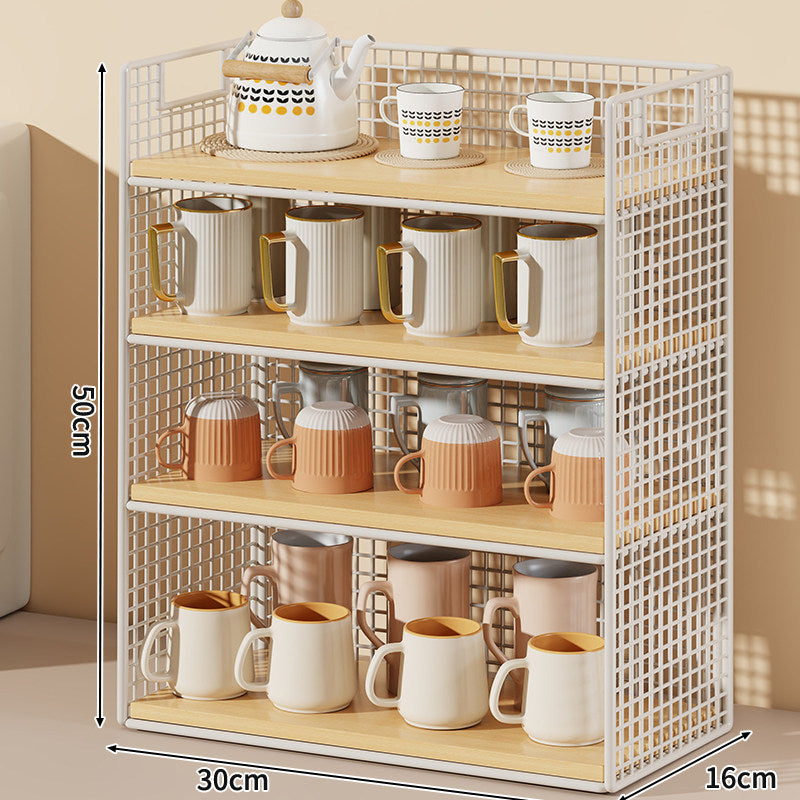 Three-Tier Wire Grid Countertop Display Shelf with Faux-Wood Removable Trays