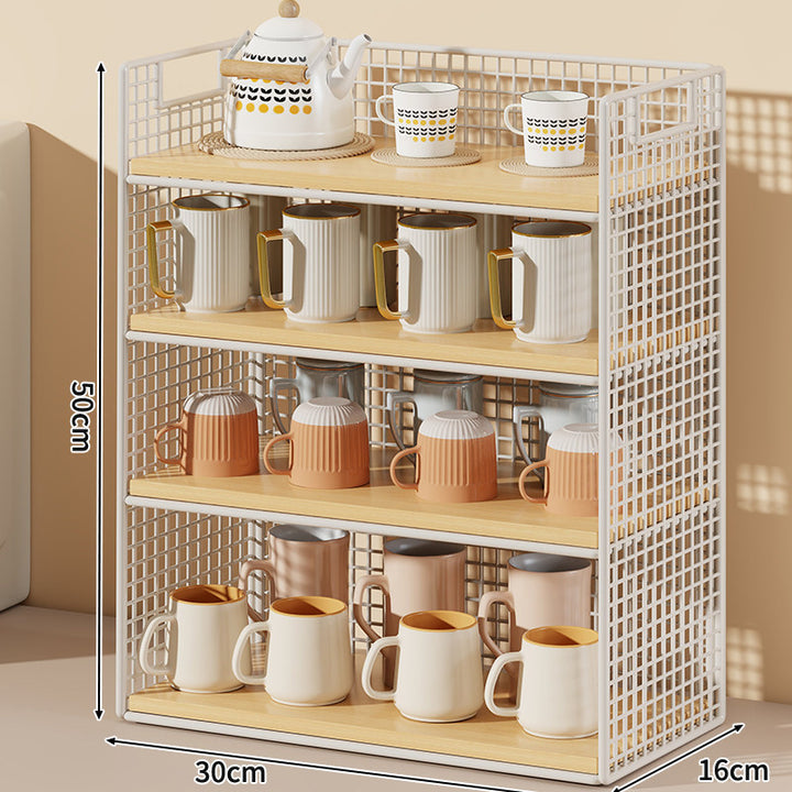Three-Tier Wire Grid Countertop Display Shelf with Faux-Wood Removable Trays
