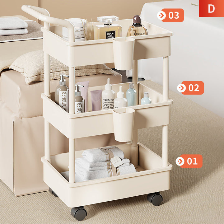 Compact Two-Tier Rolling Storage Cart with Integrated Handle and Accessory Hooks
