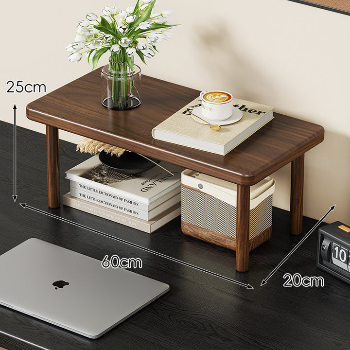 Compact Solid Wood Elevated Desk Display Stand with Under-Shelf Storage and Rounded Leg Design