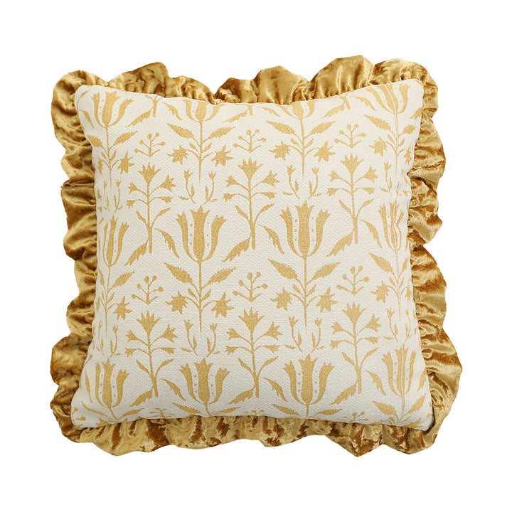 Hand-tufted square decorative cushion cover with floral chenille appliqué