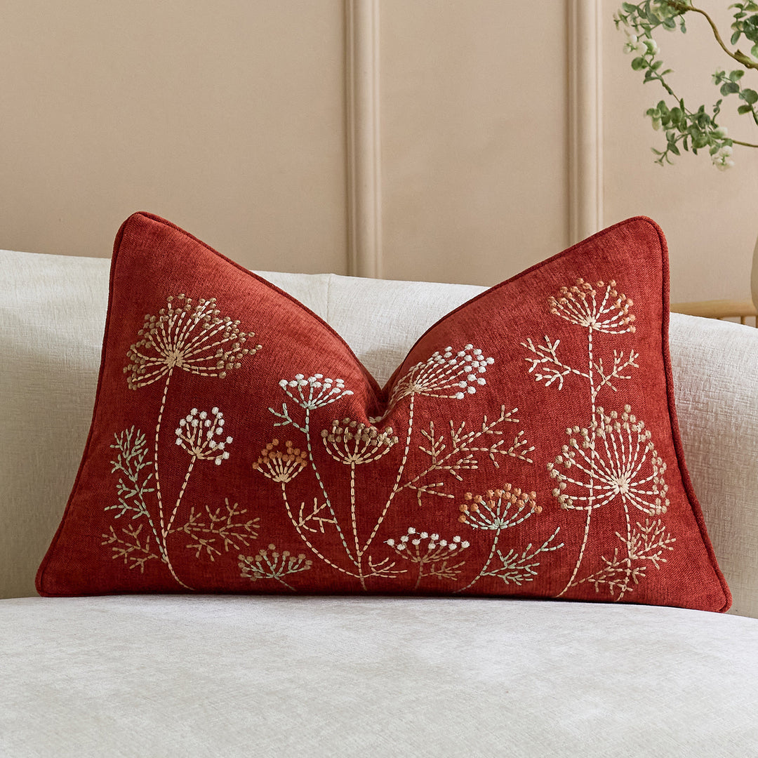 Square Embroidered Linen-Blend Decorative Throw Pillow Cover with Piped Edge