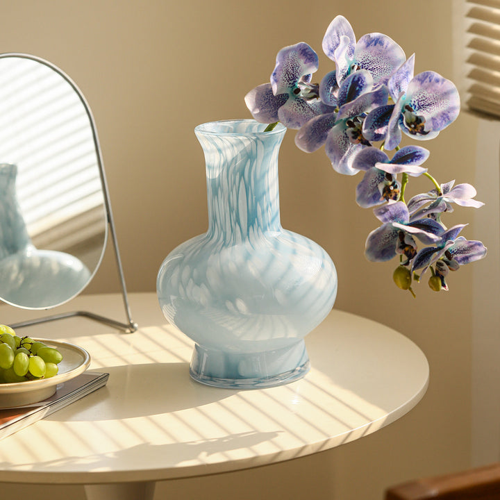 Hand-Blown Marbled Bulbous Glass Decorative Vase with Tall Neck