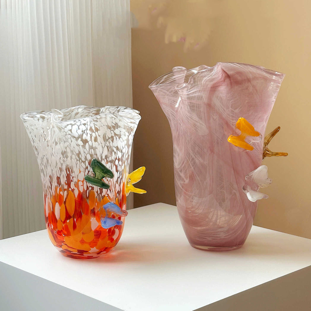 Hand-Blown Decorative Speckled Ruffled-Rim Art Glass Vase with Applied Flower Accents