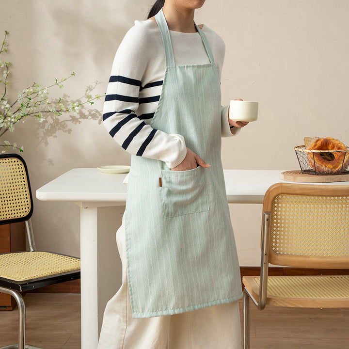 Cotton-linen cooking apron with pocket and adjustable neck strap