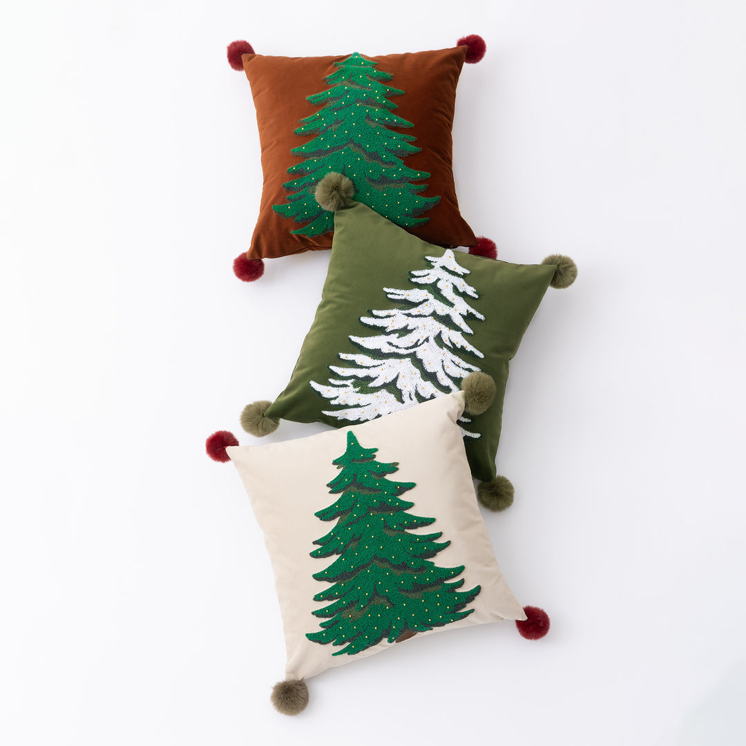 Decorative velvet cushion cover with hand-tufted Christmas tree, pompom corners and bead application