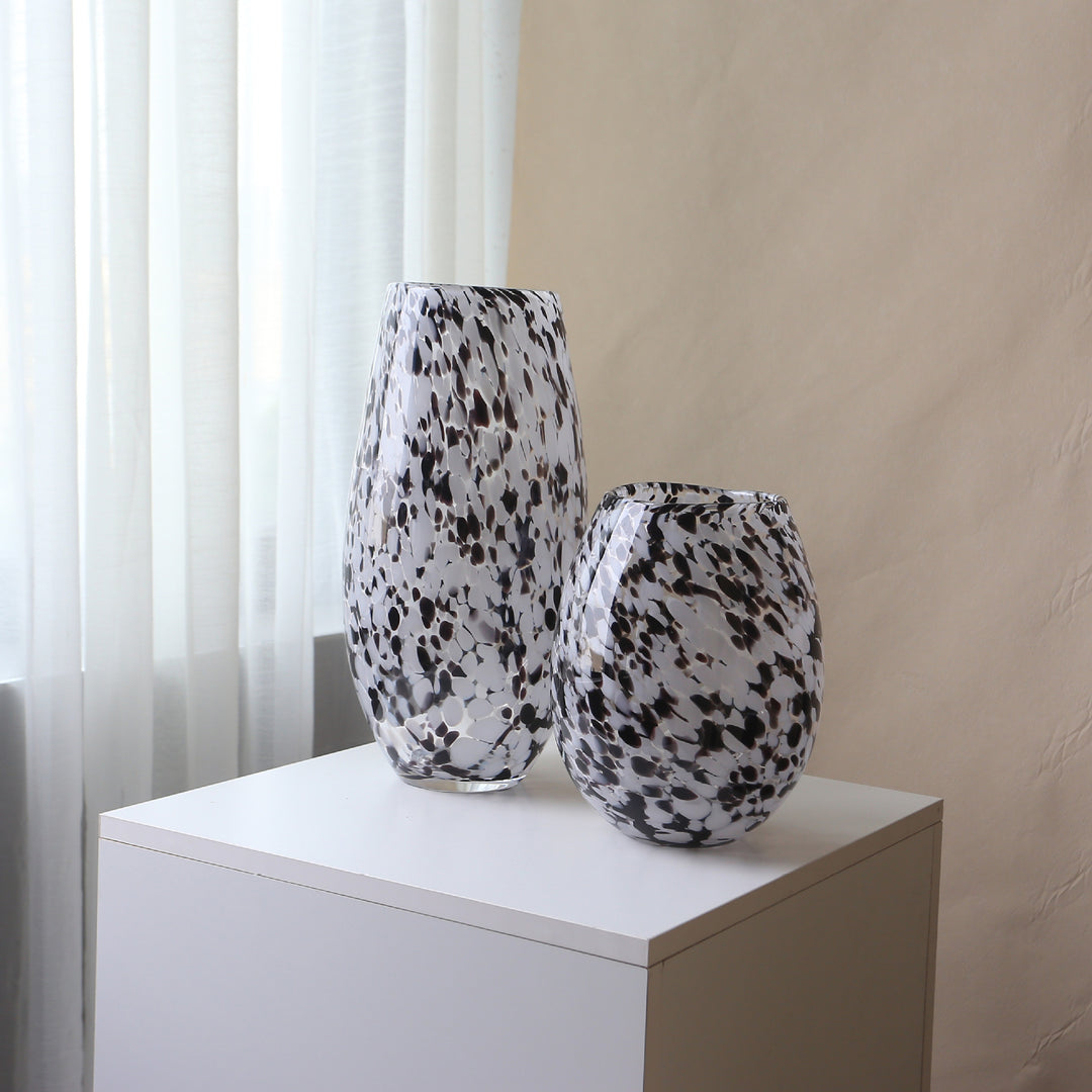 Handblown Speckled Art Glass Vase Set with Tapered and Bulbous Shapes